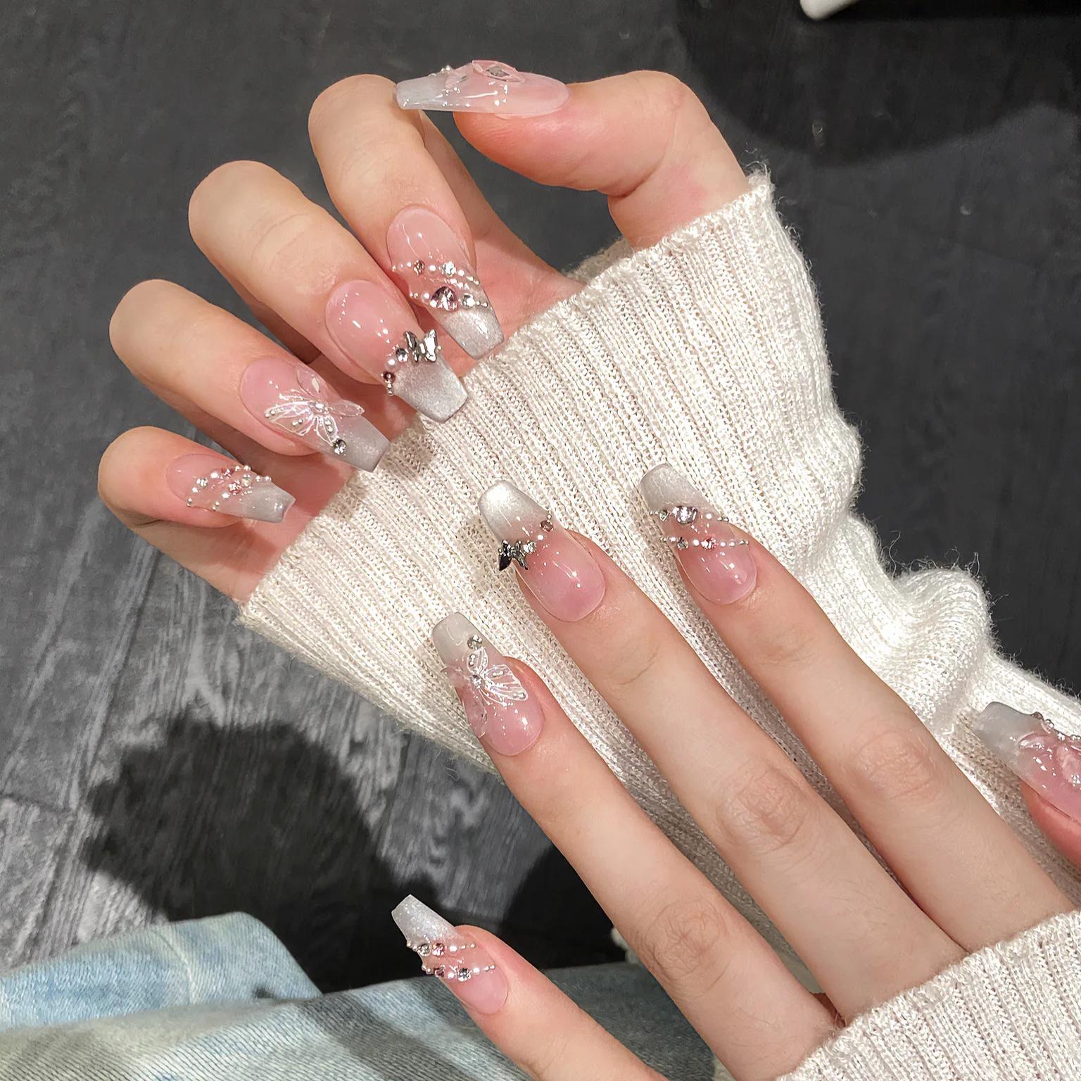 10 faux ongles réutilisables avec motif papillon, œil de chat rose, style français, faits à la main,