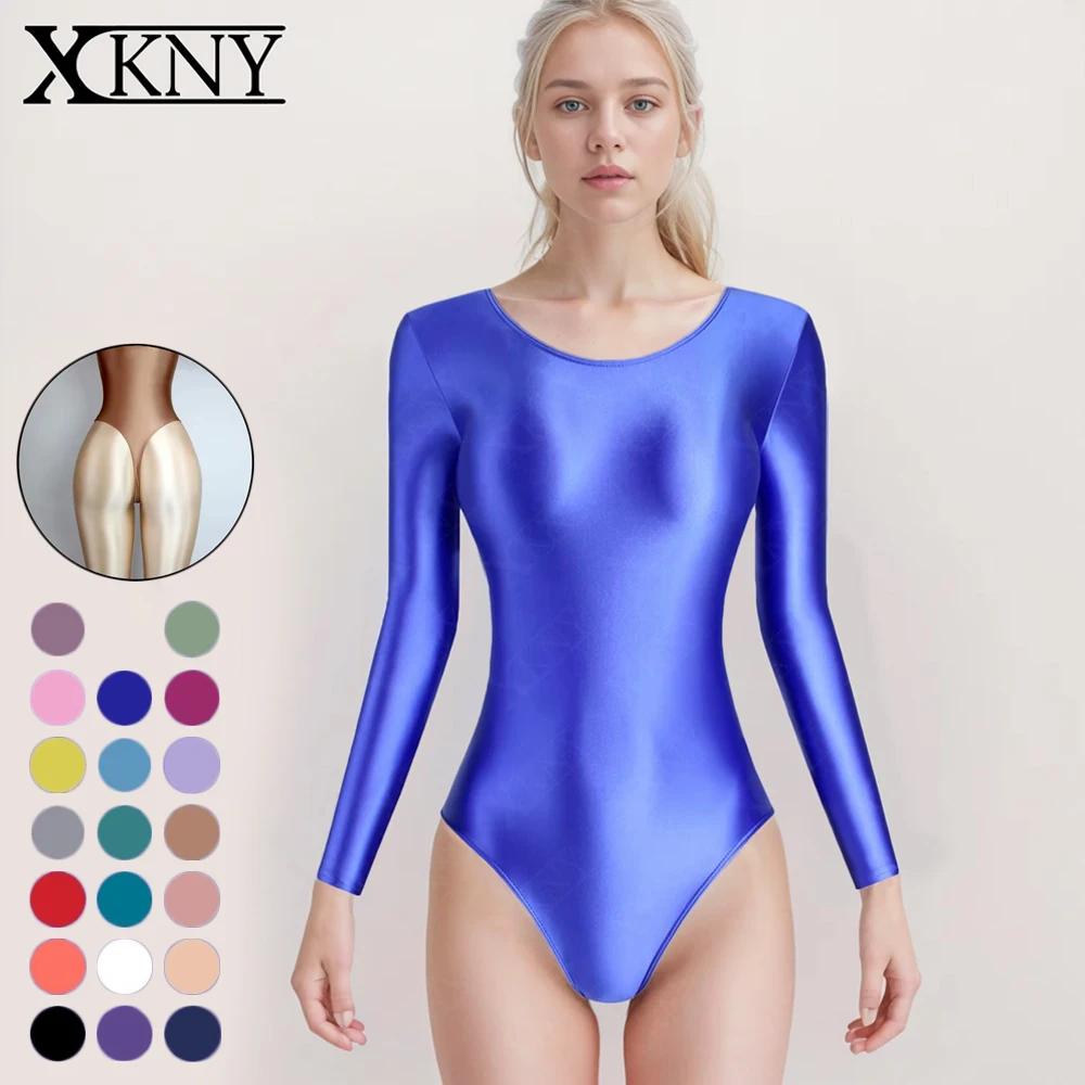 Combinaison sport satin brillant XClocKNYoung - Haut manches longues fente haute pour yoga et gymnastique