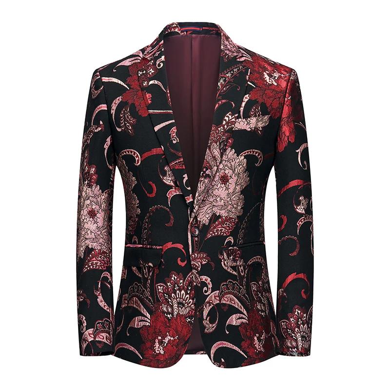 Veste Jacquard imbibée de fleurs pour hommes, blazer à bouton unique, manteau de scène de chanteur,