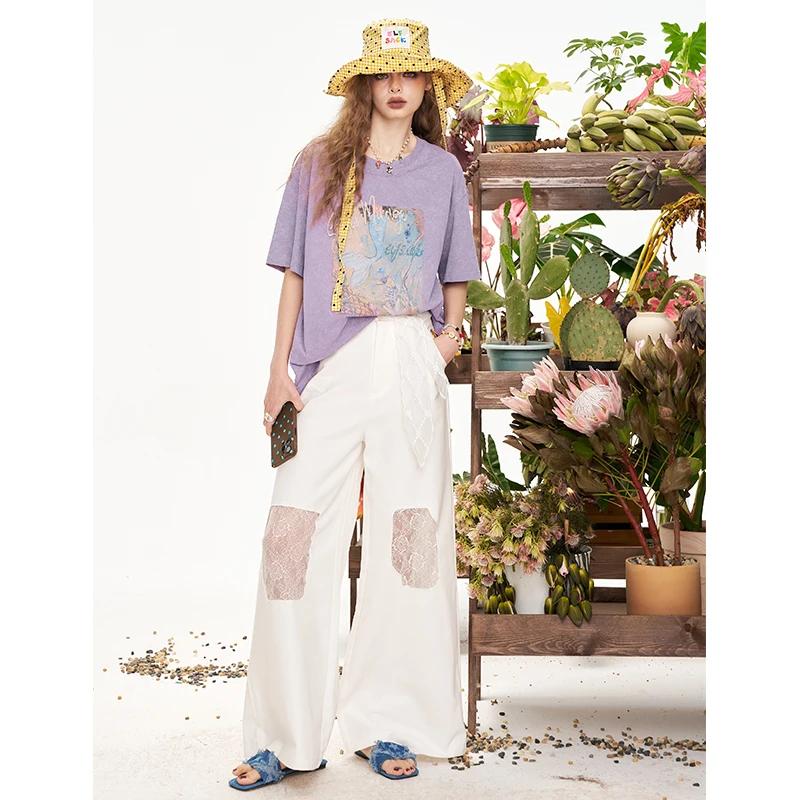 ELFSACK T-shirt surdimensionné à imprimé sirène pour femme, tee-shirt violet délavé vintage avec mot
