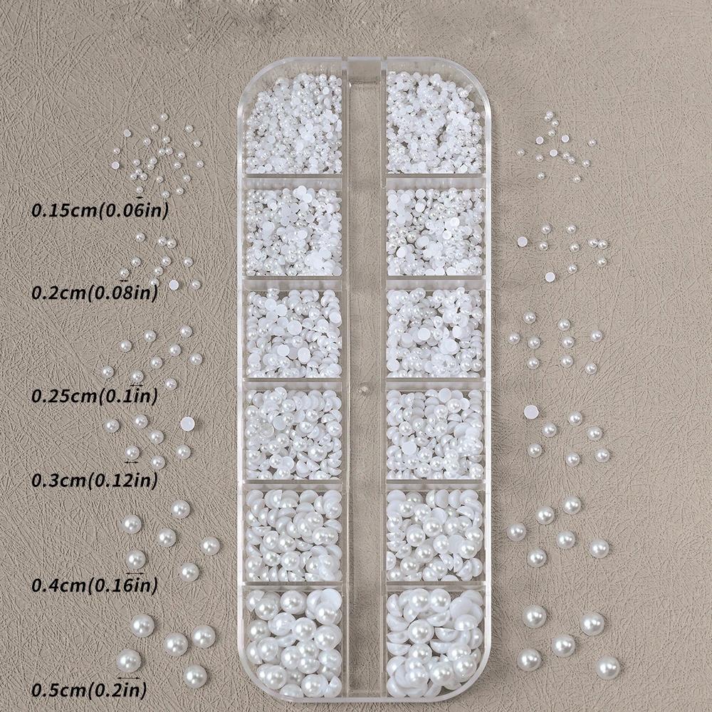 12 grilles de perles blanches 3D, breloques pour ongles, 1.5-5mm, perles rondes/demi-rondes, strass,