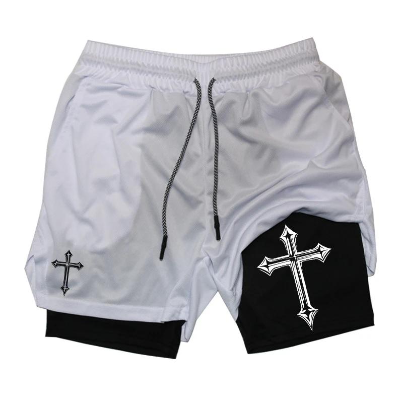 Short d'entraînement 2 en 1 homme - Imprimé croisé avec doublure compression, poche téléphone et boucle serviette