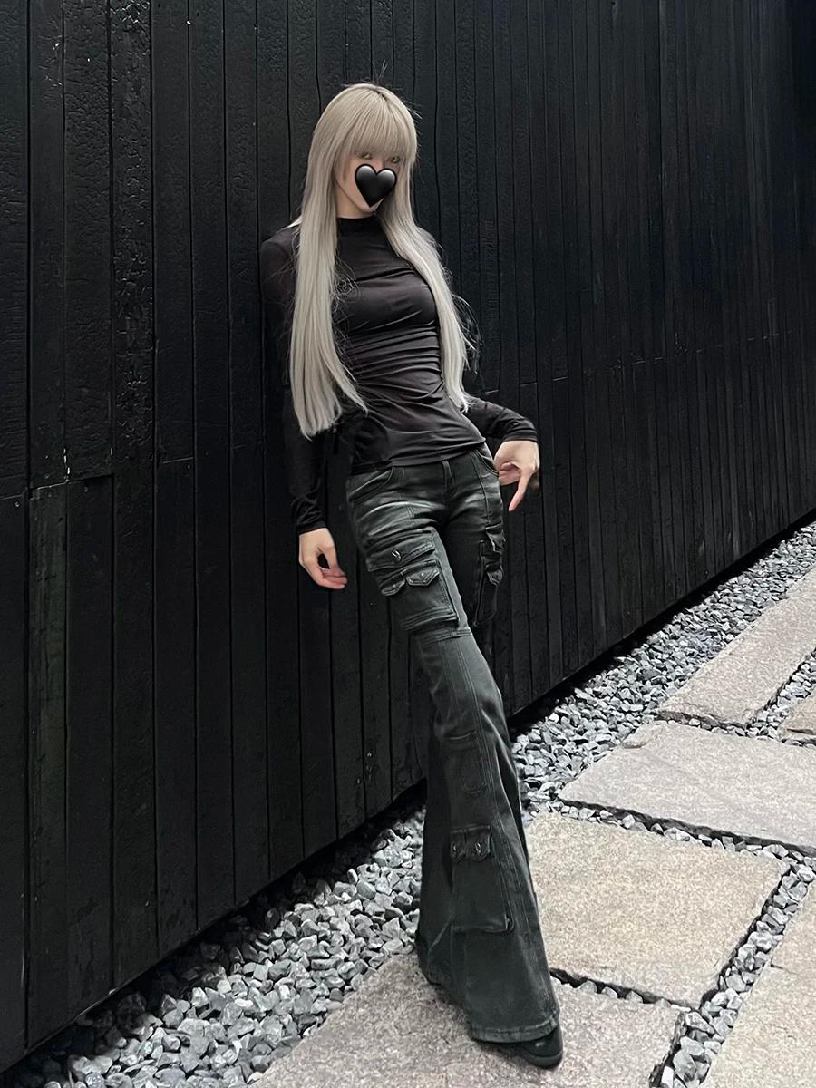 REDDACHiC Acubi mode noir Flare jean rétro moustaches maigre Stretch taille basse poches Cargo panta