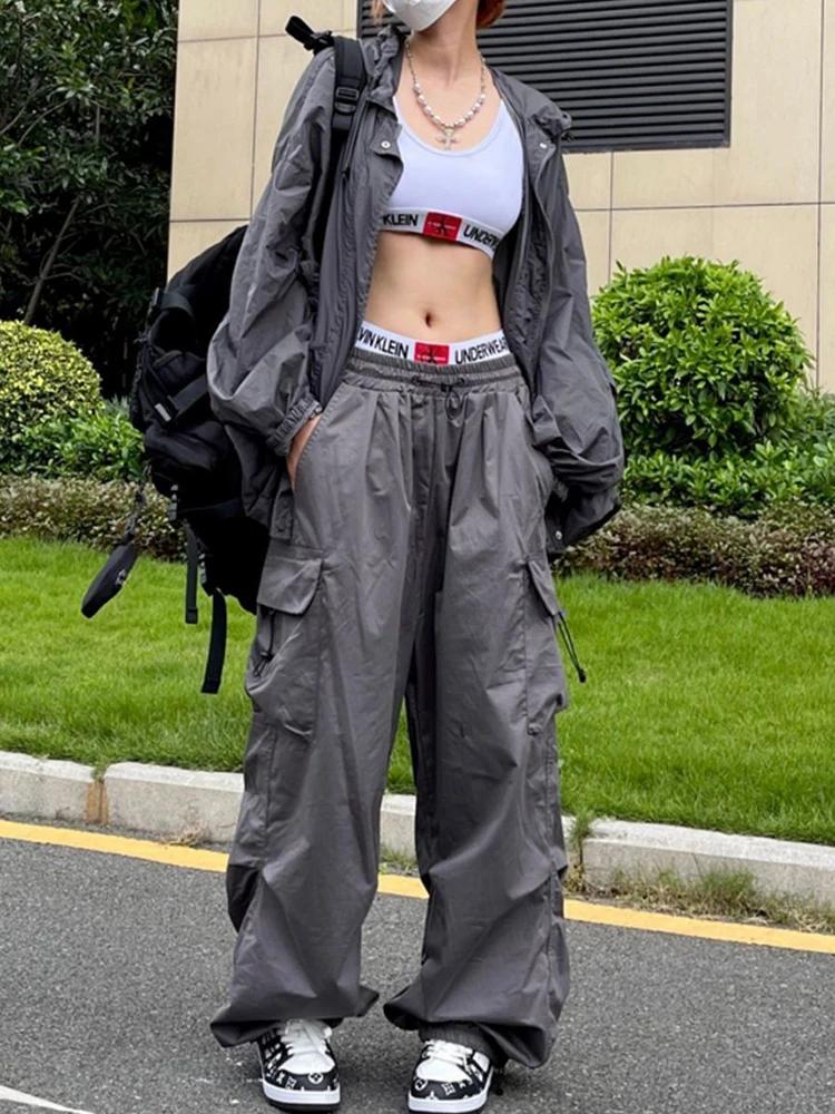 Y2K Parachute noir pantalon femmes Hippie Streetwear poches surdimensionnées Cargo pantalon Harajuku