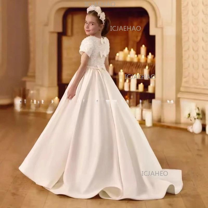 Nouvelle Robe de Princesse Élégante 2026 pour Filles, avec Traîne, Perles et Fleurs, pour Anniversai