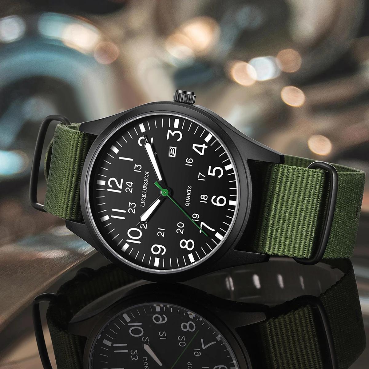 LIGE Top marque de luxe hommes montre à Quartz Date Nylon cuir étanche lumineux militaire sport mont