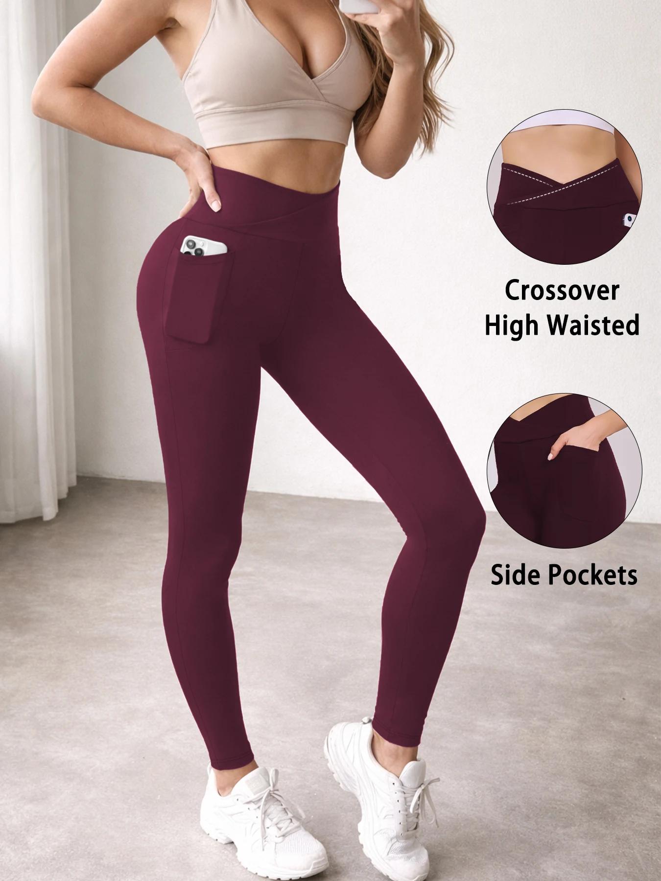 Legging taille haute croisé super doux pour femme avec poches, effet ventre plat, non transparent, i