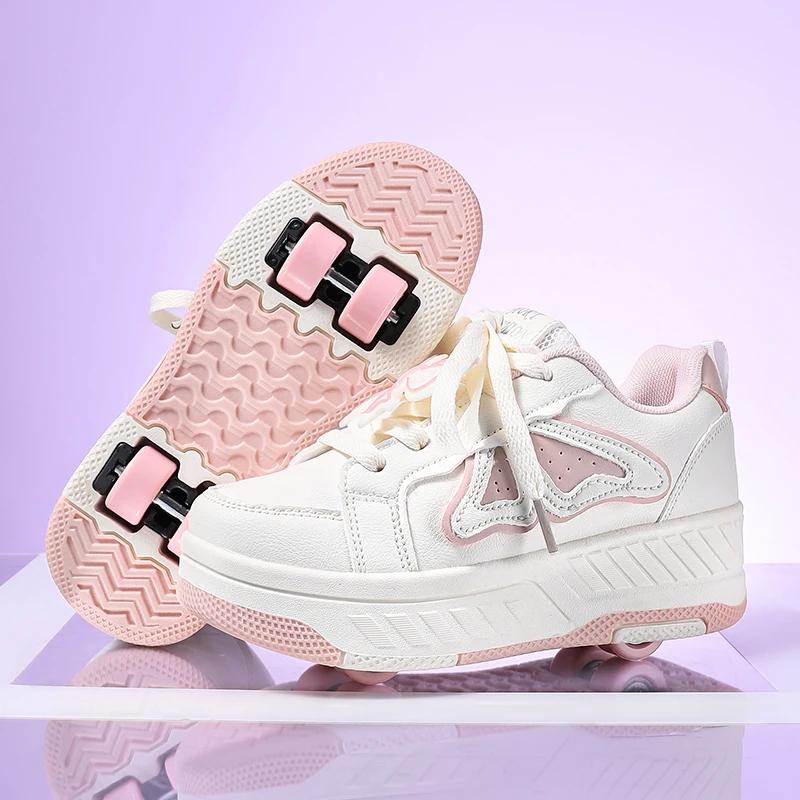 Patins à roulettes pour enfants, nouveaux patins à quatre roues détachables en cuir à lacets, access