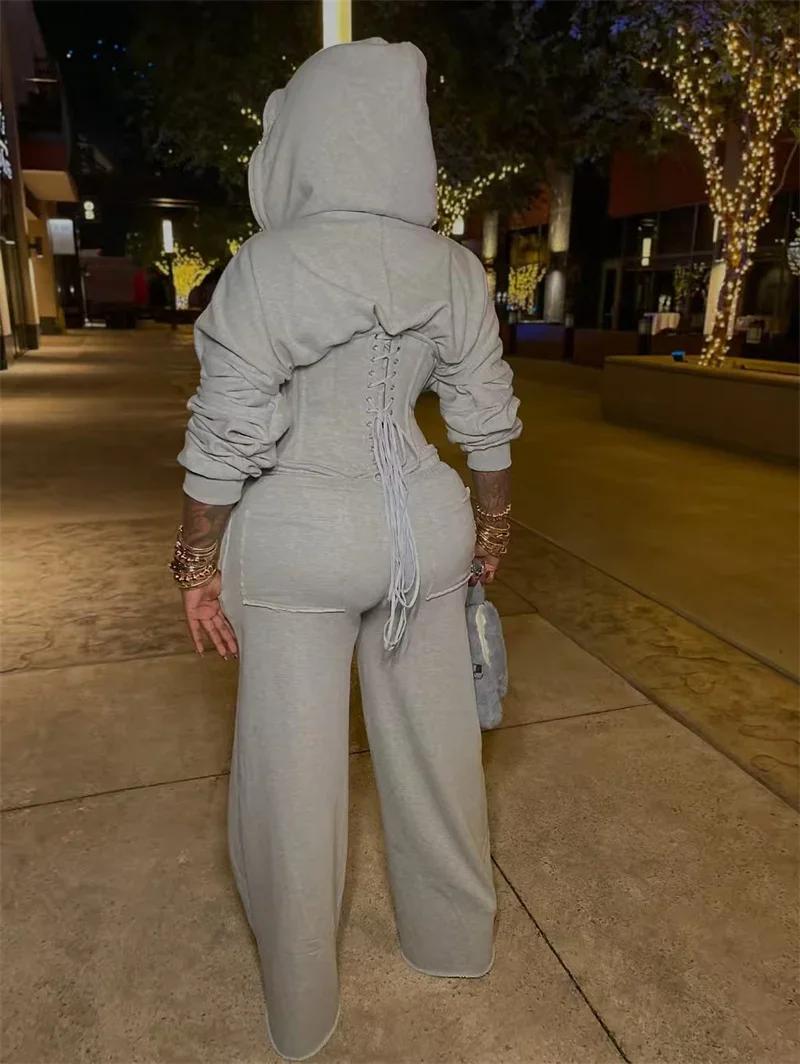 Streetwear décontracté survêtement femme deux pièces ensemble sport fermeture éclair à capuche à lac