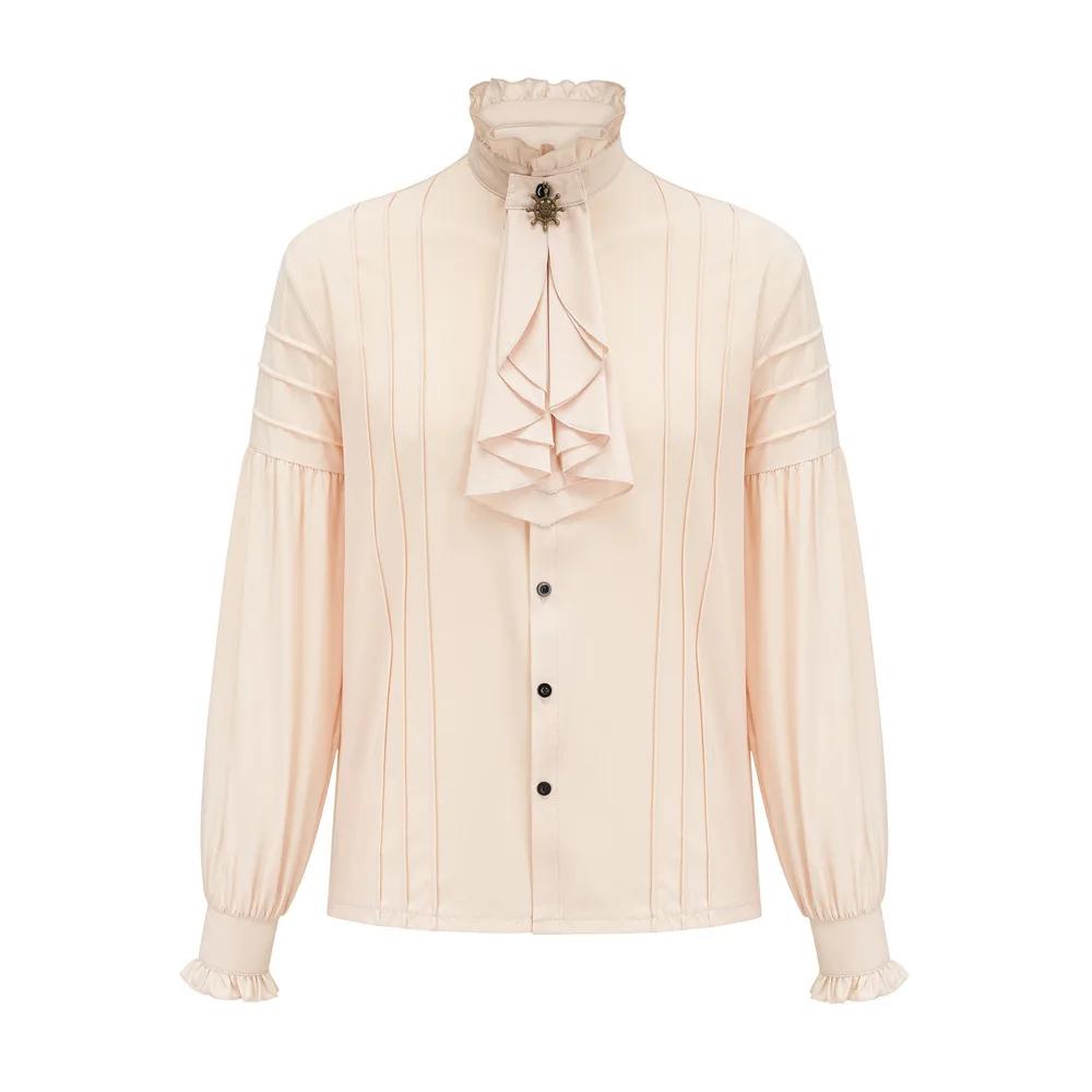 Chemise en coton blanc pour homme, col montant à volants, manches longues lanterne, Pirate Cosplay,