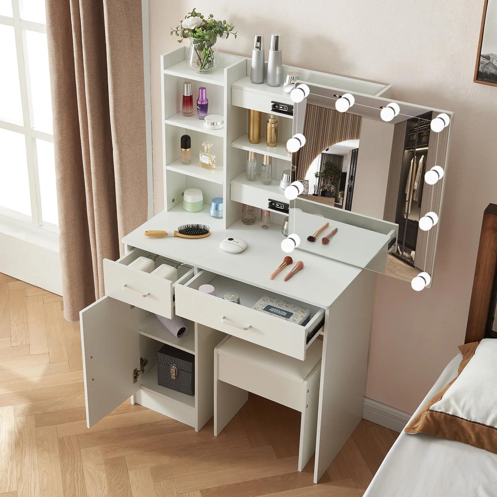 Ensemble de vanité de maquillage avec miroir et lumières, commode, armoire de rangement, 3 modes d'é