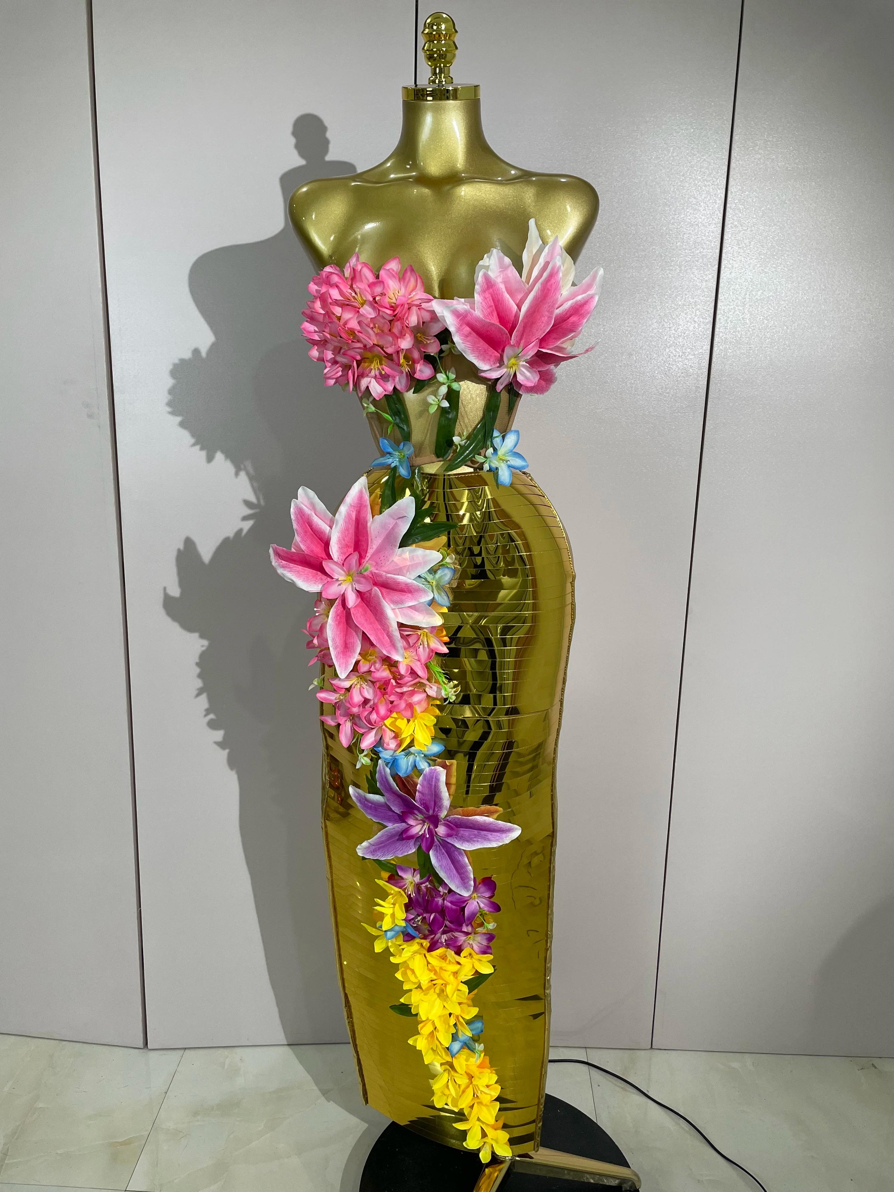 Ensemble deux pièces pour femme, haut en maille dorée à fleurs 3D élégant, robe longue moulante, soi