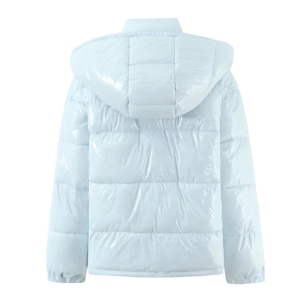 Nouveau hiver mode femmes bleu clair brillant fermeture éclair pain Parka manteau femme col montant