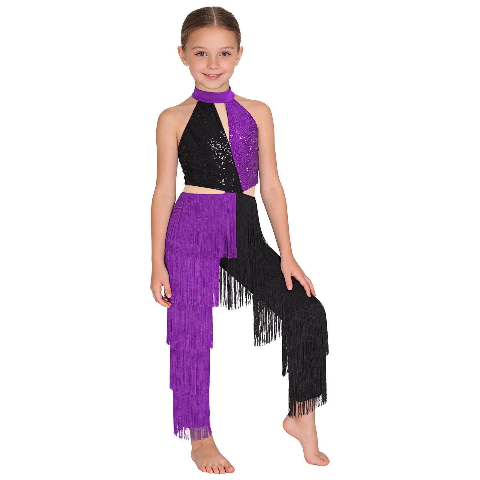 Combinaison de danse latine à paillettes pour filles, col licou, Costume Disco, body sans manches, b