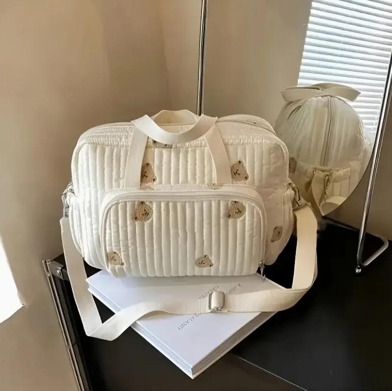 Sac à couches brodé en Nylon, Chic ours et tulipe, avec Clip de poussette, essentiels de voyage pour