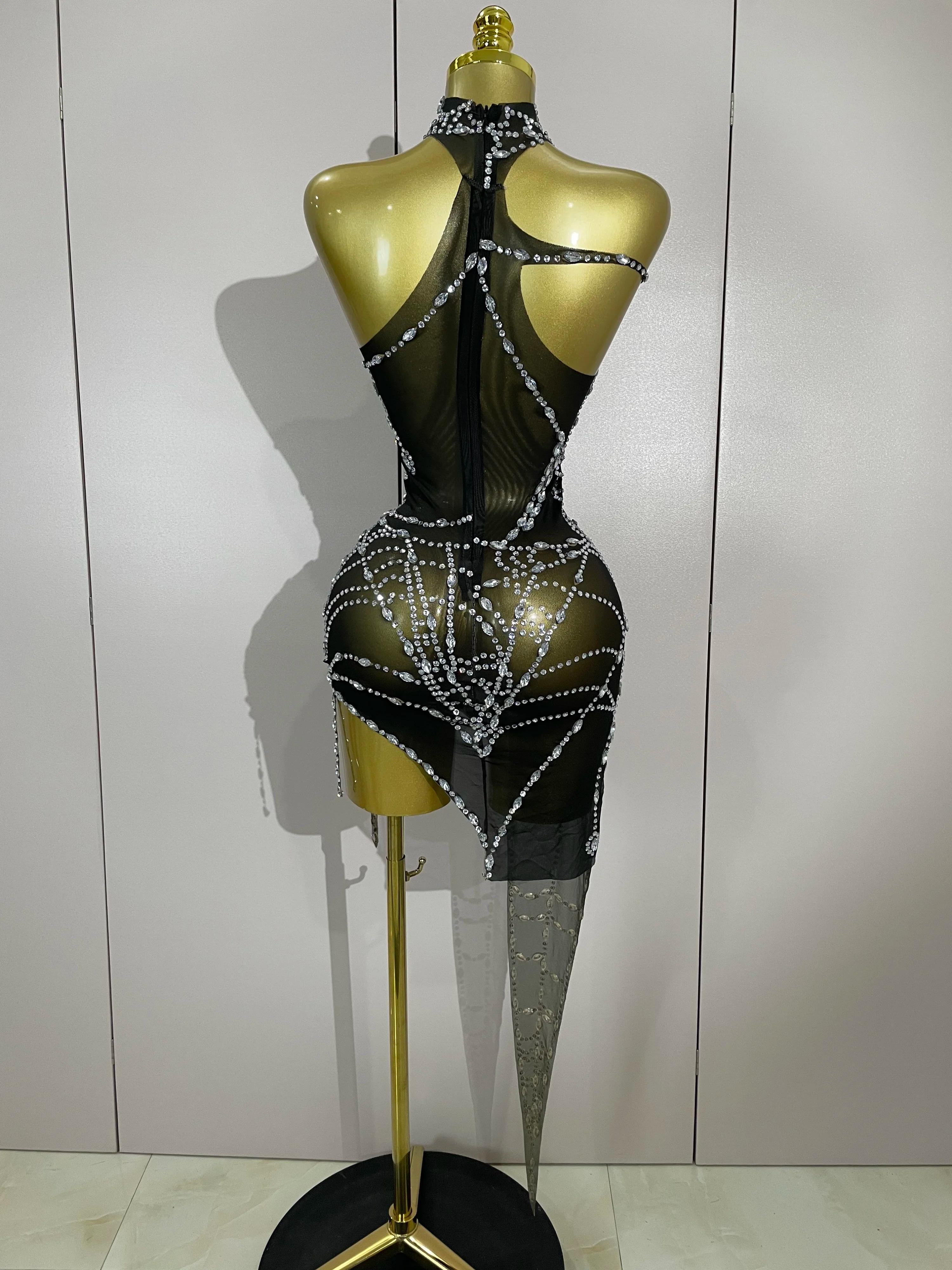 STOCK brillant diamant Sexy maille asymétrique moulante Mini robe femmes discothèque Bar fête specta
