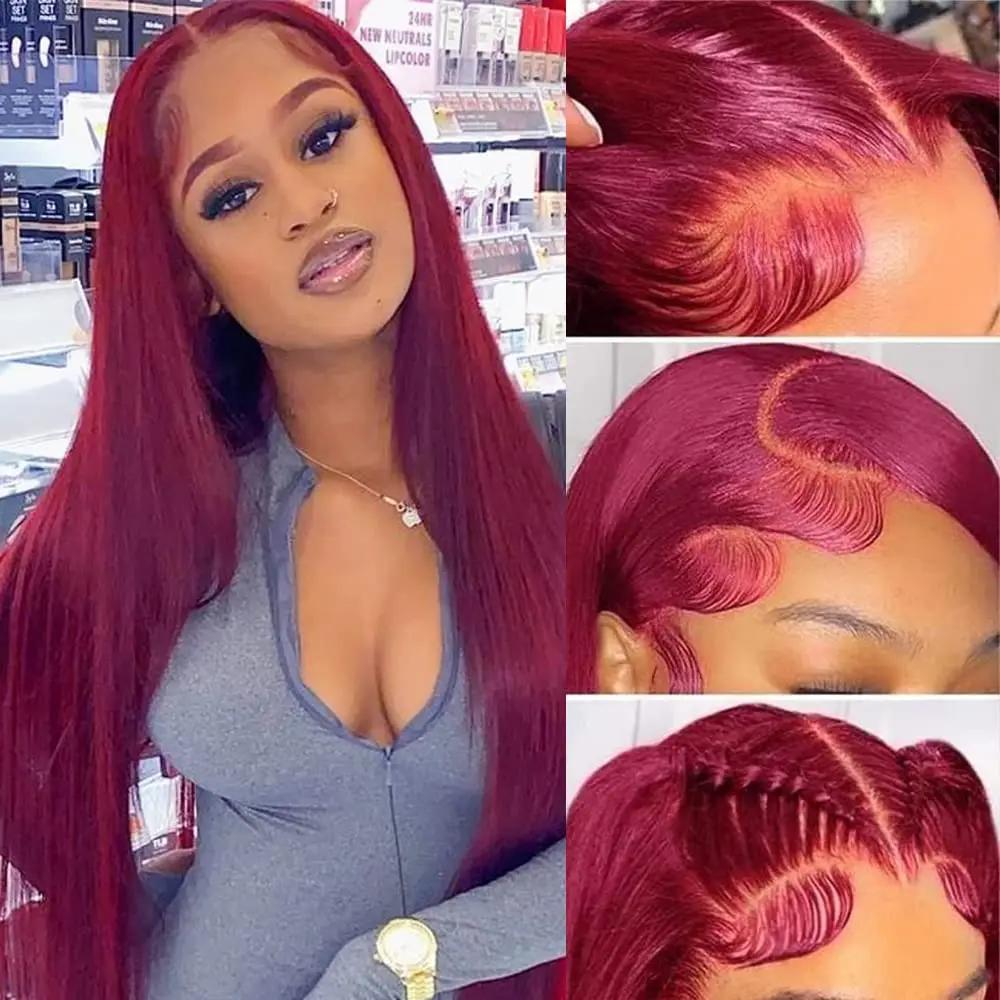 Perruque Lace Front Wig sans colle naturelle, cheveux lisses, bordeaux, HD, 5x5, 13x4, 13x6, pre-plu