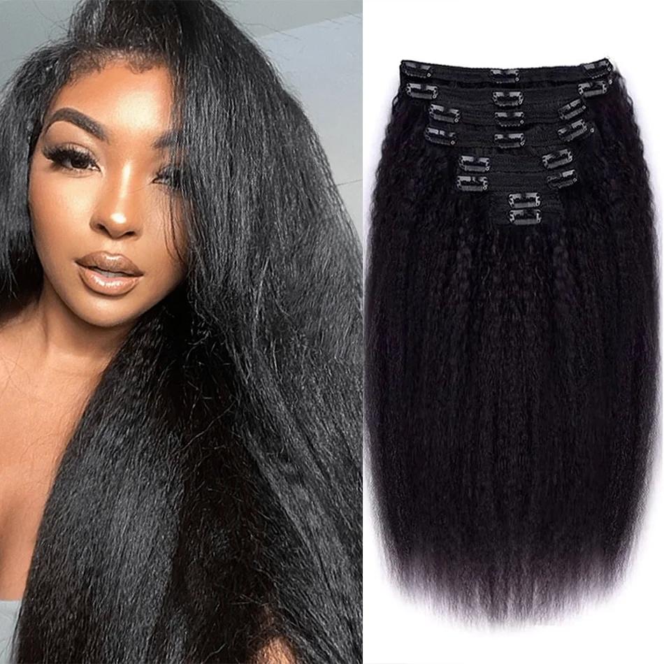 Extensions de cheveux brésiliens Remy à Clip, cheveux crépus lisses, 100% vrais cheveux humains, noi