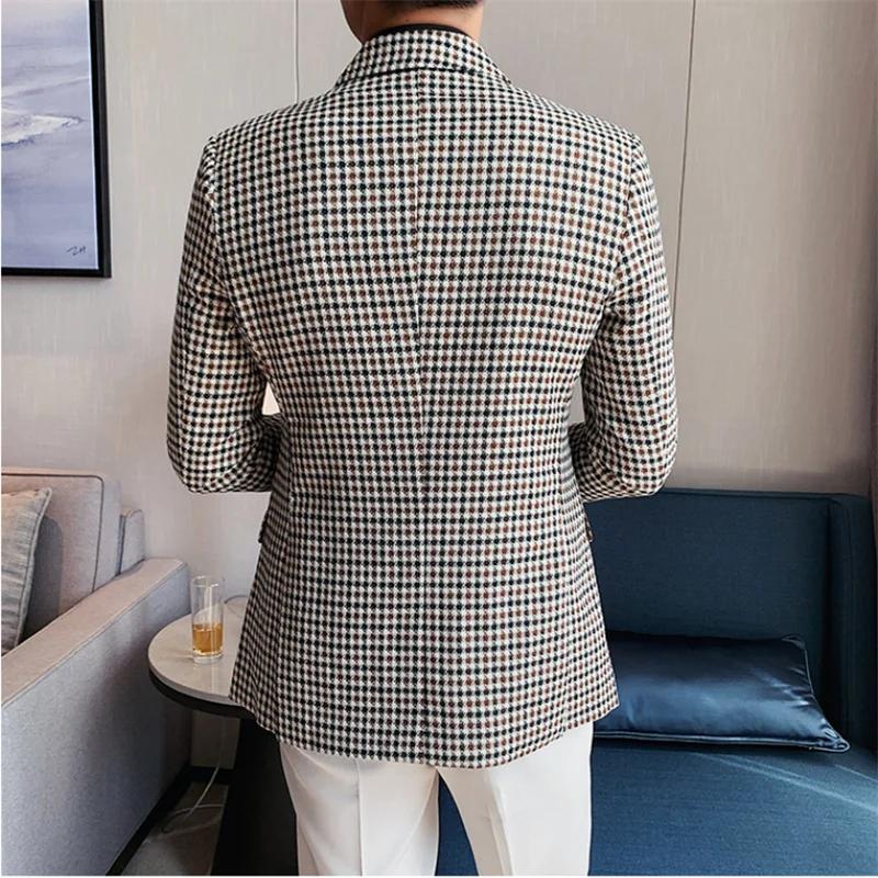 Blazer pied-de-poule de Style britannique pour hommes, coupe cintrée, à la mode, Double boutonnage,