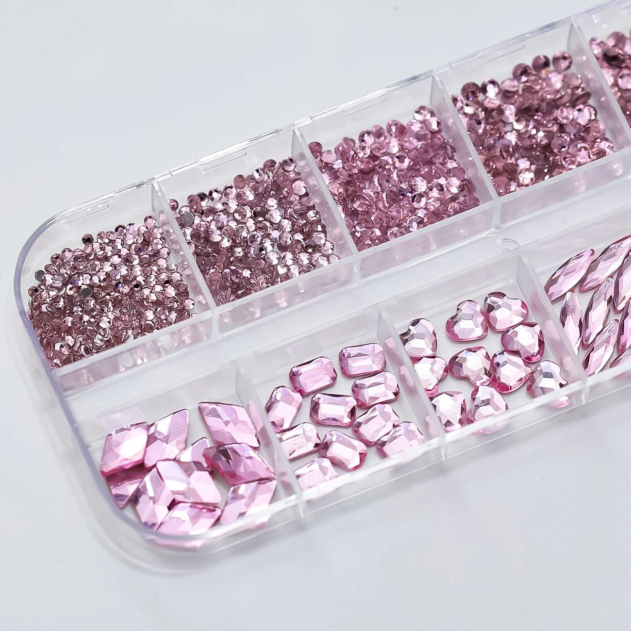 Strass 3D rose pour Nail Art, 12 grilles, pierres précieuses en verre à dos plat, décorations pour N