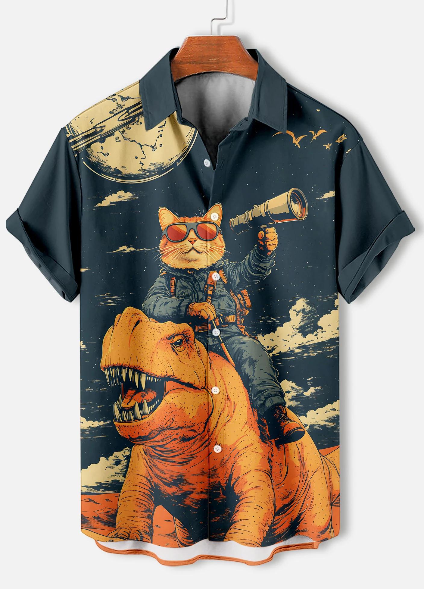 Chemise à manches courtes pour hommes, rétro, dessin animé, thème chat, hauts à manches courtes, mod