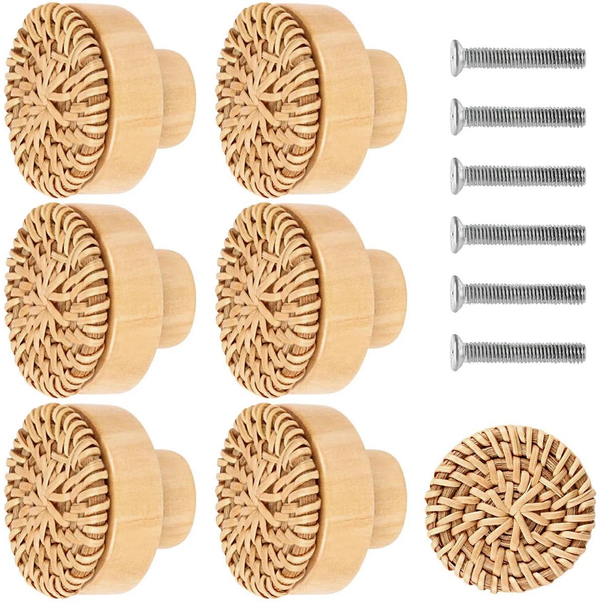 6/12 pièces boutons de tiroir en bois de rotin Boho boutons de commode en rotin armoires rondes fait