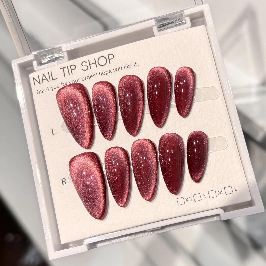 Lot de 10 faux ongles rouges faits à la main, à presser, en acrylique, mi-longs, forme amande, pour