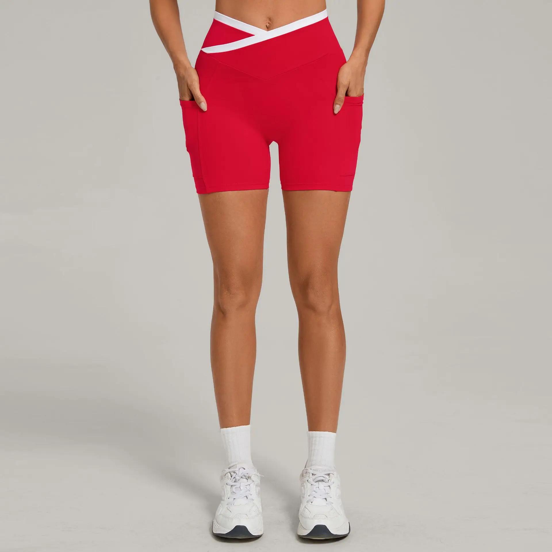 Shorts de yoga pour femmes Ningyu, taille croisée, avec poches, respirants, pour la course, le cycli
