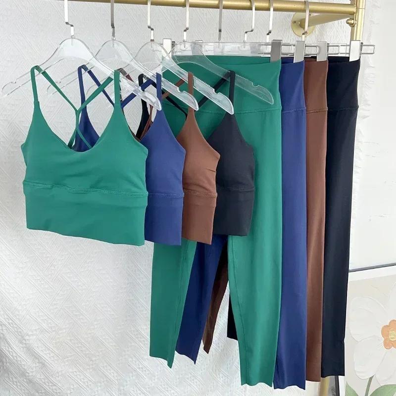 Leggings taille haute yoga femme 2 pièces - Ensemble fitness sexy dos croisé élasticité Y sport