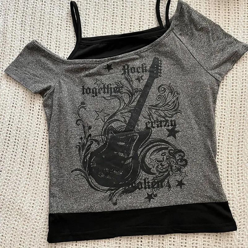 Y2k Slim Fit imprimé hauts femmes épaules dénudées à manches courtes t-shirt Neploe américain Vintag