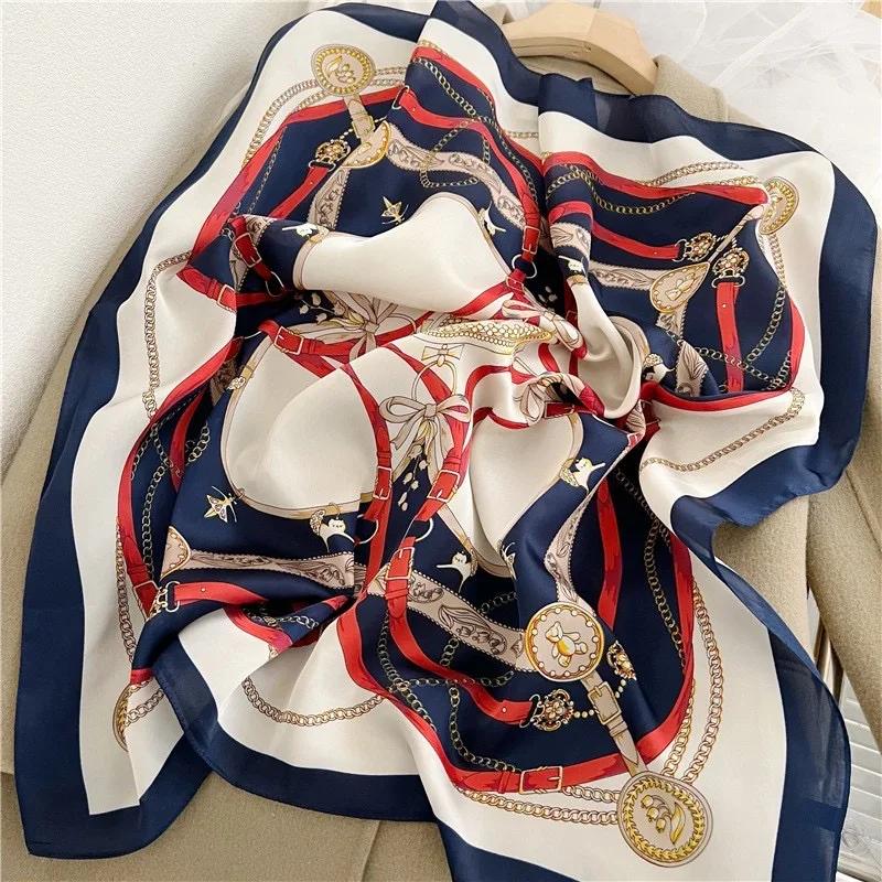 1 pièces 70cm chaîne romaine foulard en soie pour les femmes simulé soie géométrique ronde mode poly