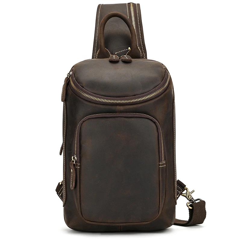 Sac de poitrine en cuir véritable pour homme, sac à bandoulière, sac à dos initié unique, sac de voy