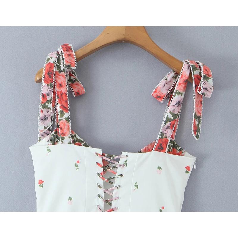 YENKYE romantique fleur imprimé Patchwork blanc fronde robe d'été femmes à lacets pansement dos a-li