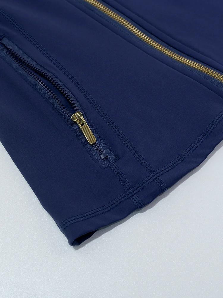 Veste de yoga pour femme avec fermeture éclair dorée, veste de sport à col montant, haut de fitness