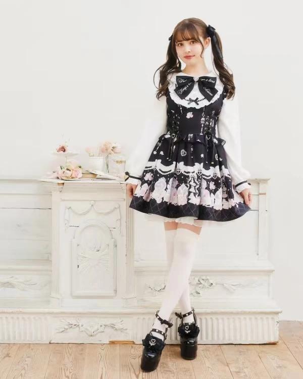 Robe Lolita japonaise pour femmes, manches longues, col de poupée, imprimé, taille élastique, Jirai