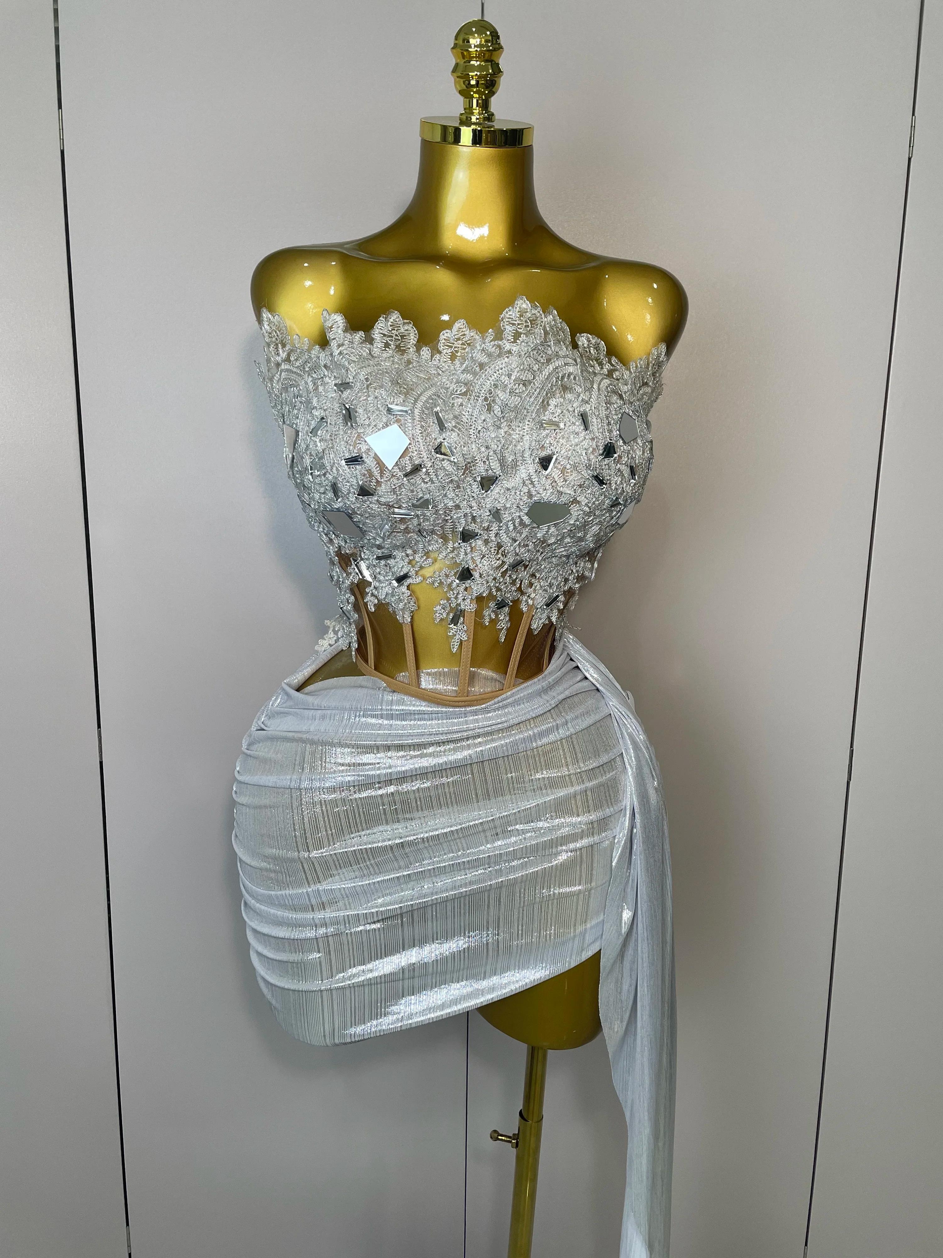 Robe courte sans bretelles à paillettes argentées scintillantes, ensemble de 2 pièces pour femmes, f