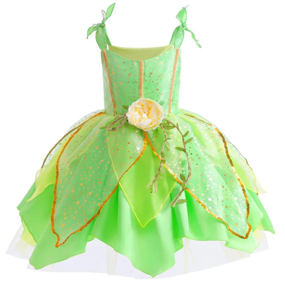 Robe de fée Tinker Bell du film Disney Elf 2026 pour filles, jupe à bretelles verte avec ailes et fl