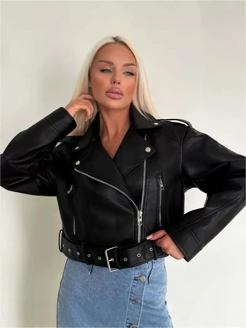 Femmes Vintage ample lavé Faux cuir veste courte Streetwear femme fermeture éclair ceinture Moto Bik