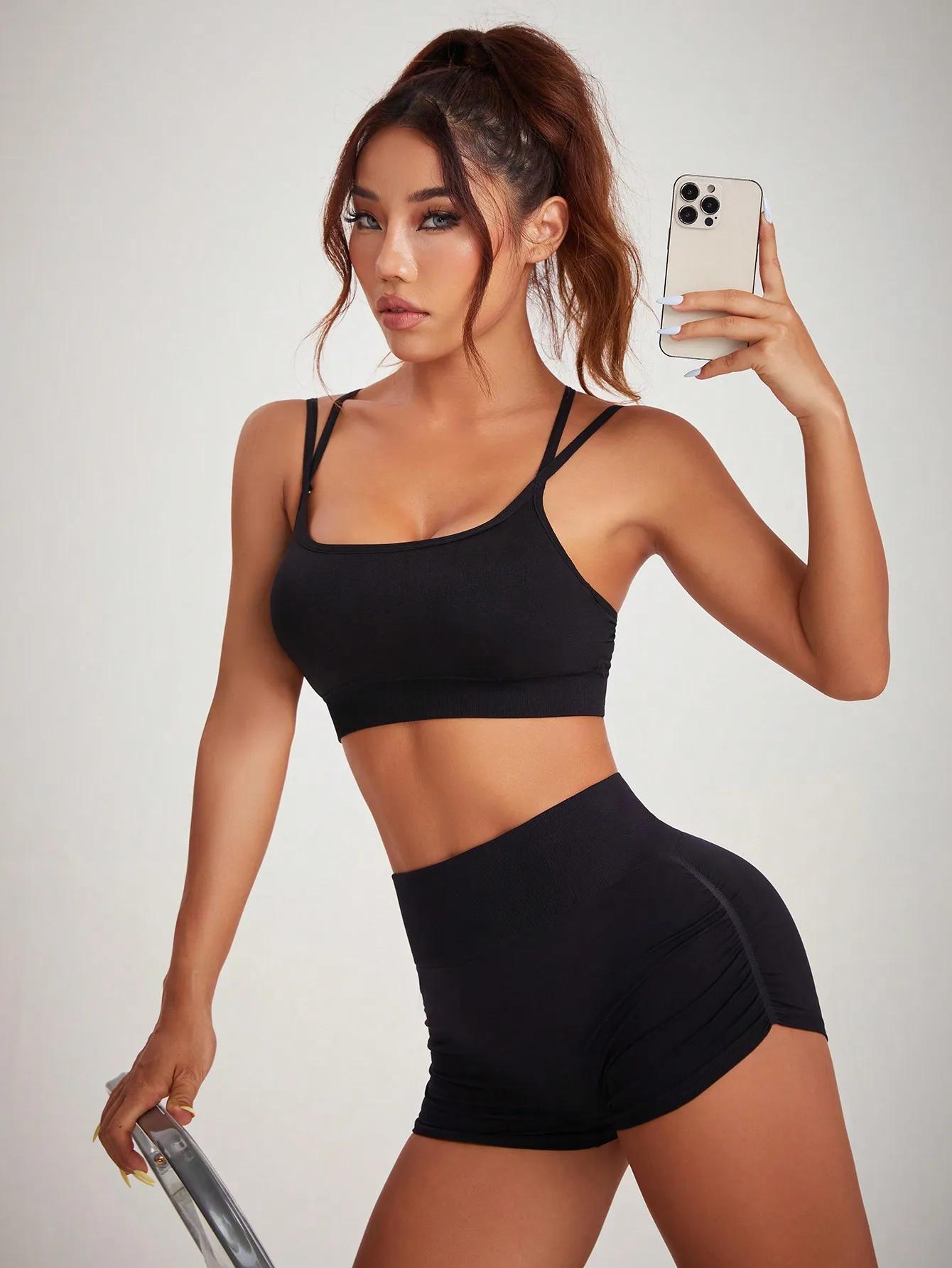 Short de yoga sans couture pour femme, taille haute, froissé, levage des fesses, pantalon d'entraîne