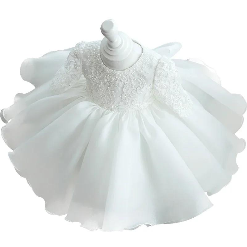 Robe blanche à sequins pour bébé fille, vêtements à manches longues, robe de baptême pour nouveau-né