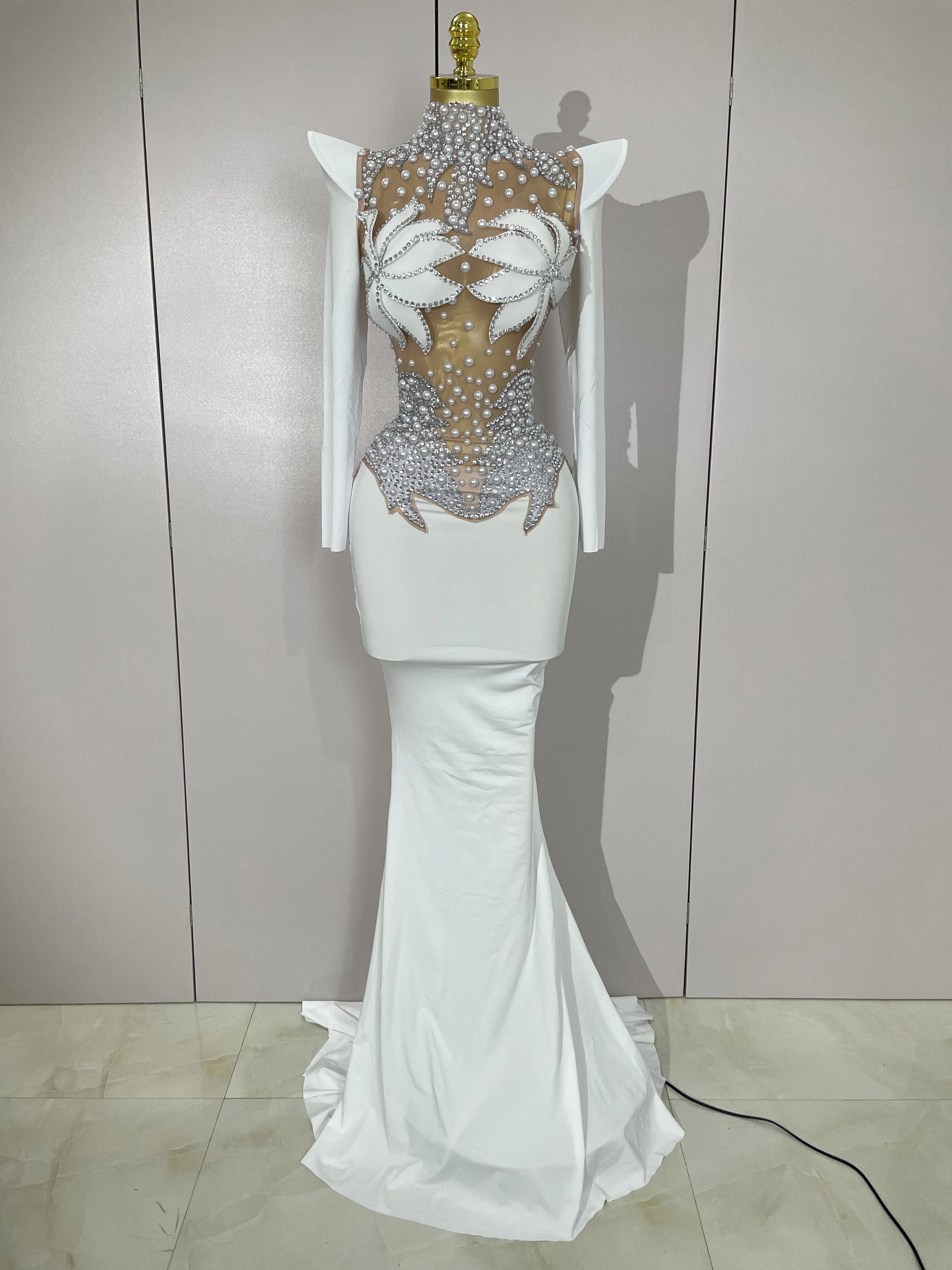 Robe longue de luxe en maille transparente pour femmes, diamants scintillants, blanc perle, robe de