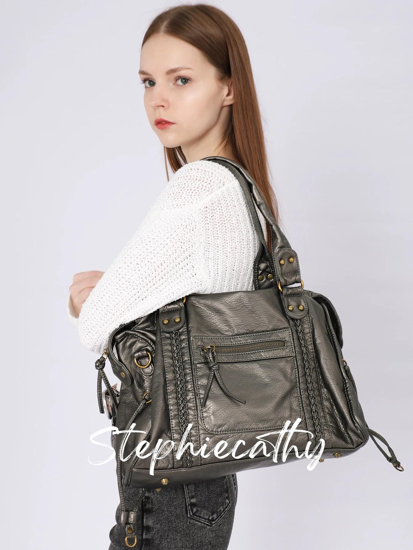 SC rétro décontracté Cool unisexe doux brosse hors lavé PU Vegan cuir sac à main tresse décor bandou