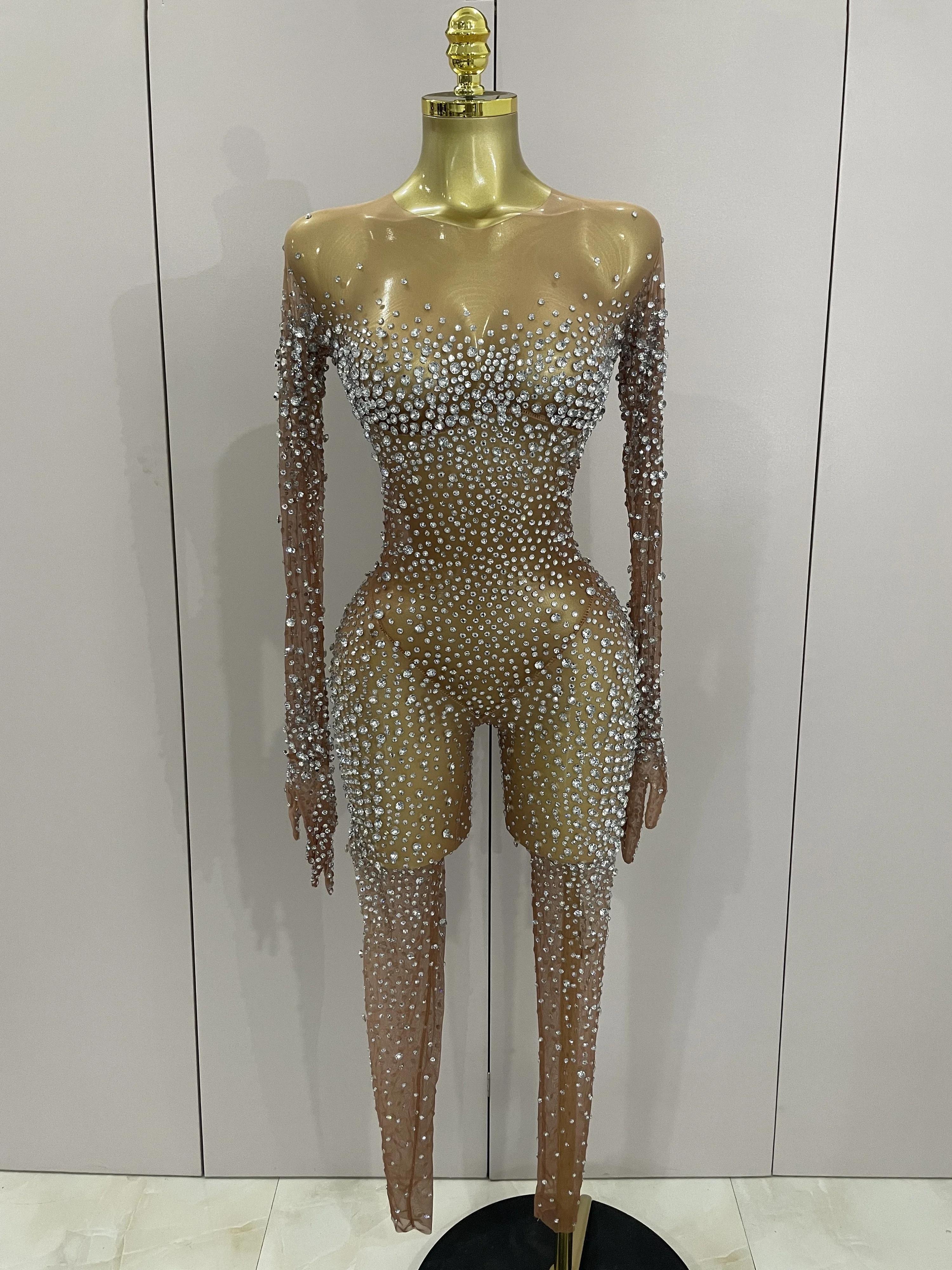Combinaison de luxe en maille transparente pour femmes, strass scintillants, Sexy, moulante, robe d'