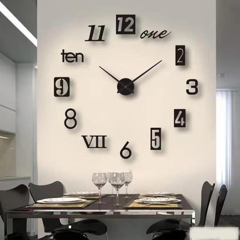Horloge murale autocollante en chiffres romains, miroir acrylique, horloges à quartz, montre bricola