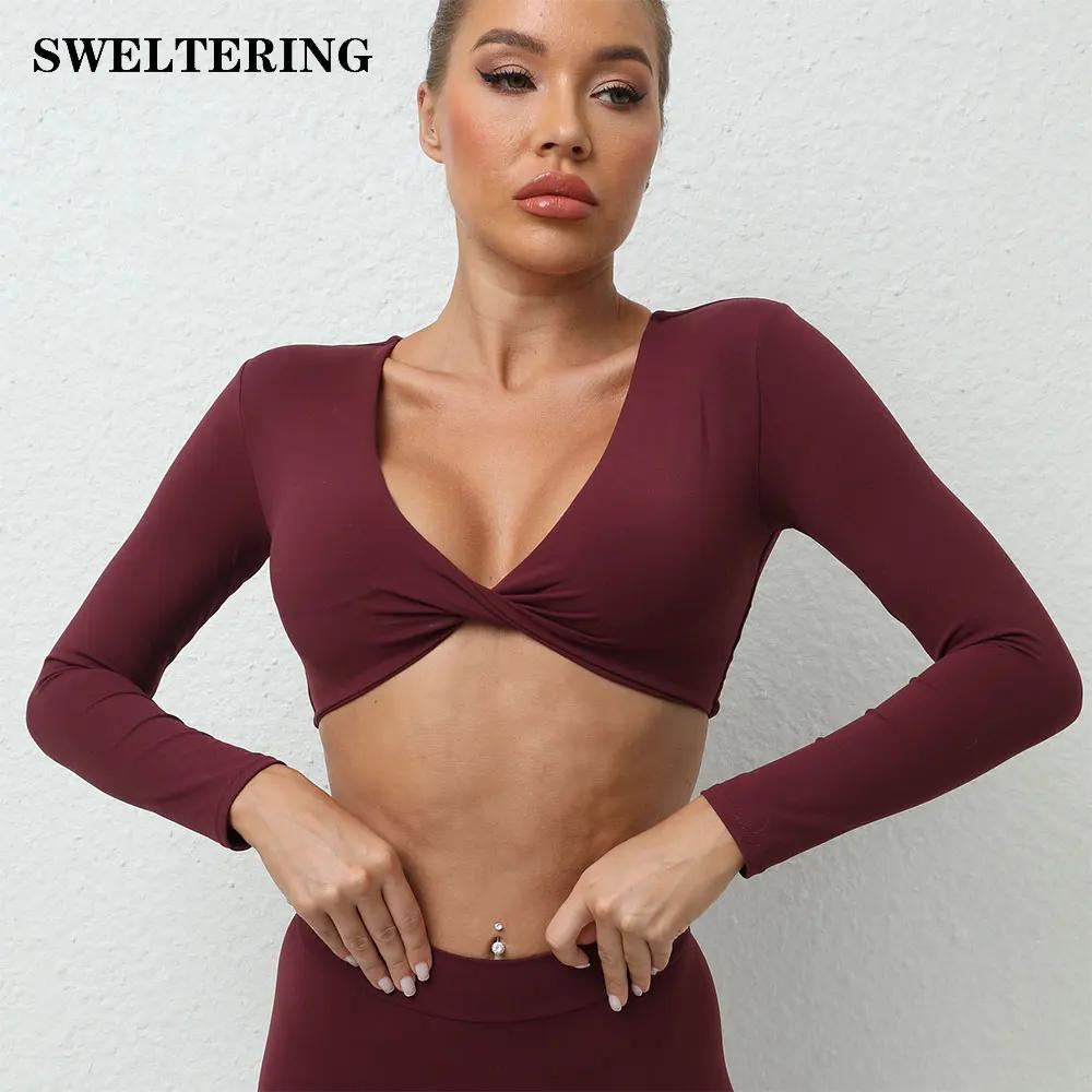 Haut court sexy plissé à manches longues pour femme, vêtement de yoga, séchage rapide, t-shirt de sp