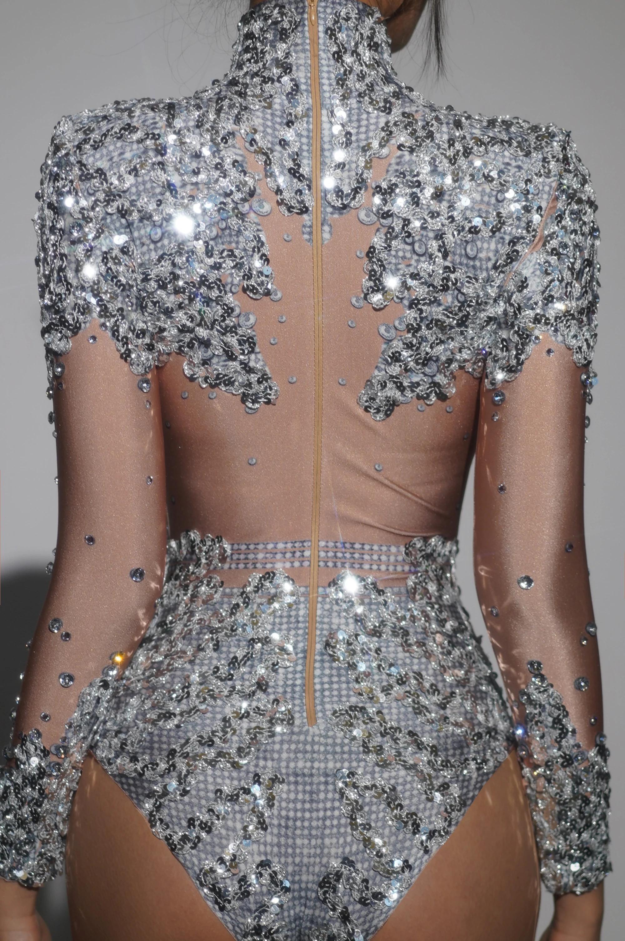 Body extensible à paillettes et strass scintillants pour femmes, Costume de spectacle sur scène pour