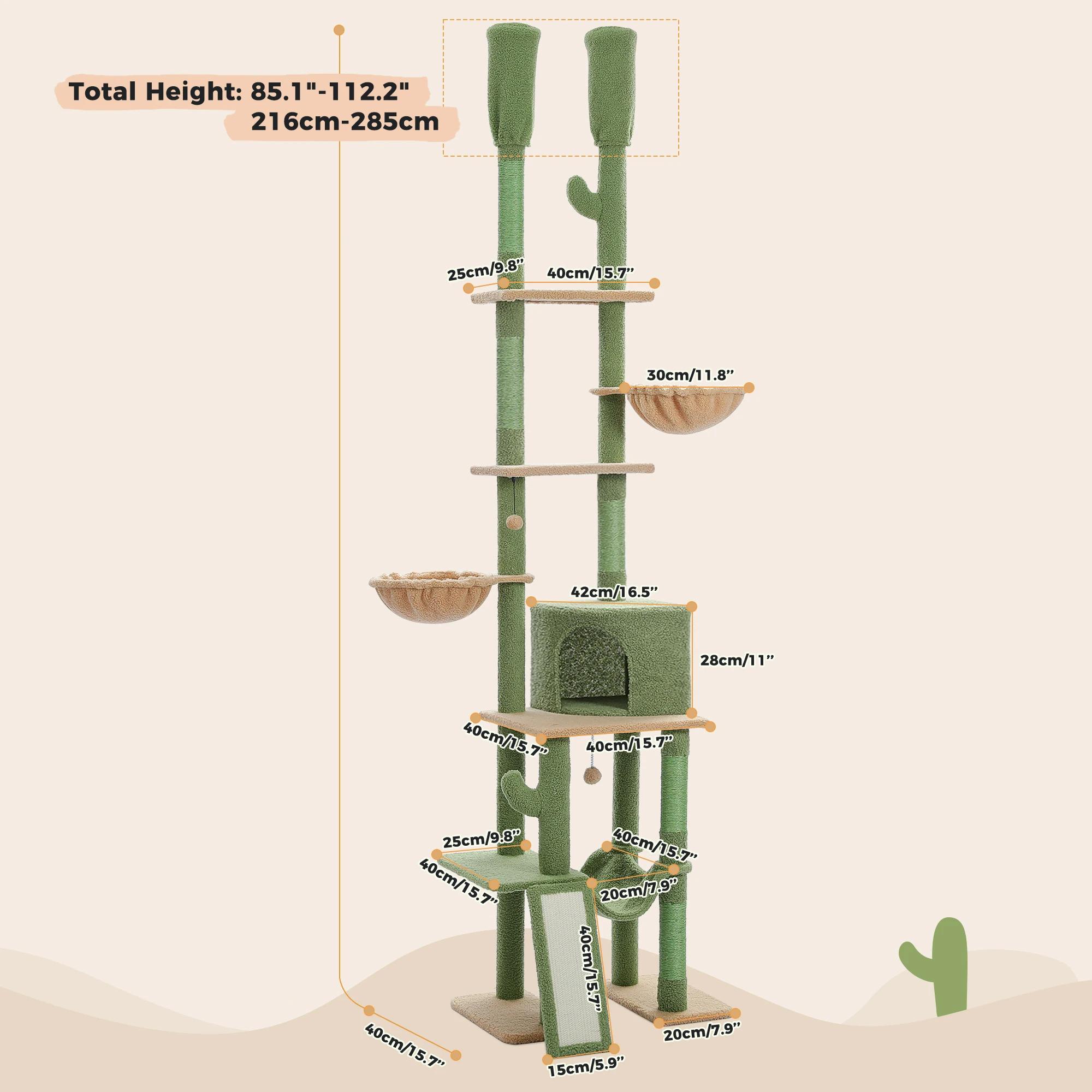 Arbre à chat Cactus du sol au plafond, tour à chat à 7 niveaux, arbre d'escalade pour chat avec hama