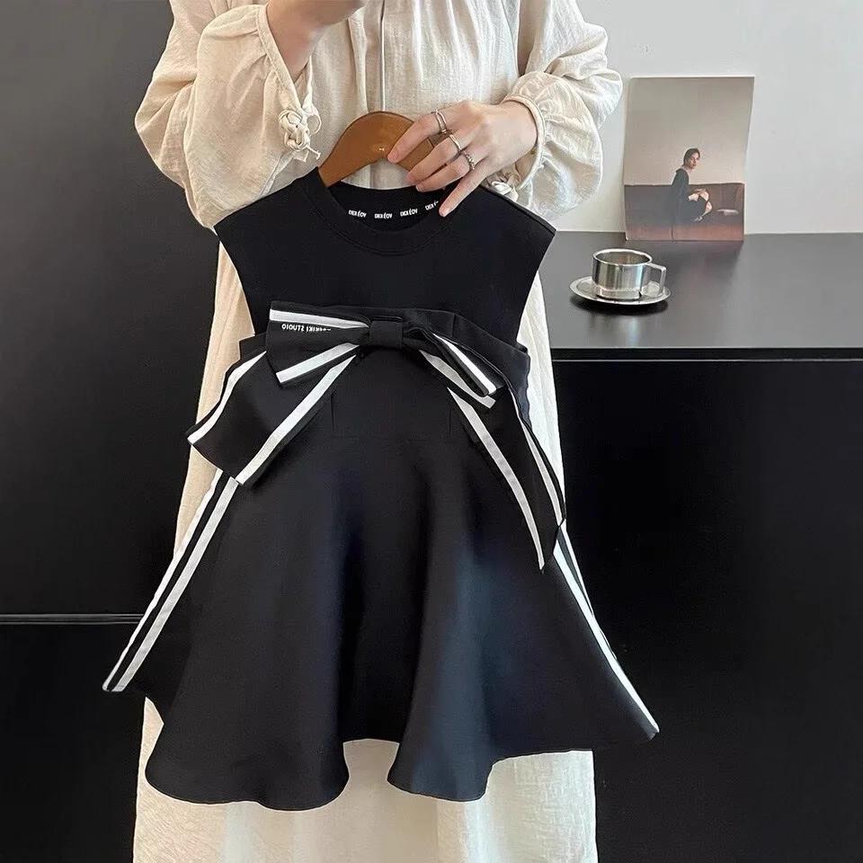 Robe d'été vintage rayée sans manches pour bébé fille, avec nœud et fronces, pour enfant de 1 à 8 an