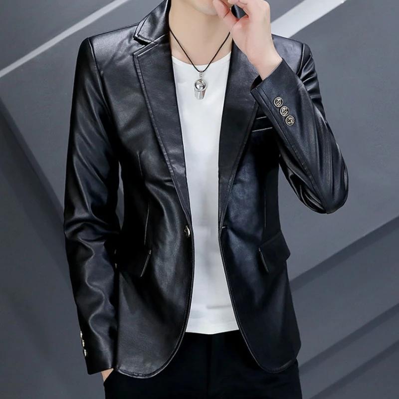 Veste de costume en cuir PU pour hommes, Slim, tendance coréenne, beau, décontracté, blazer de moto,
