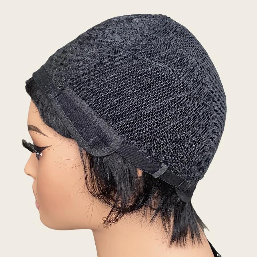 Perruque de cheveux humains droits coupe lutin courte avec frange cheveux péruviens coupe lutin en c